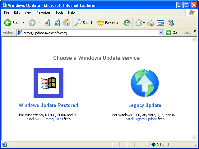 Internet Explorer opened to update.microsoft.com. A custom page named “Choose a Windows Update service” allows selection between Windows Update Restored and Legacy Update.