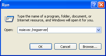Typing “msiexec /regserver” into the Run dialog