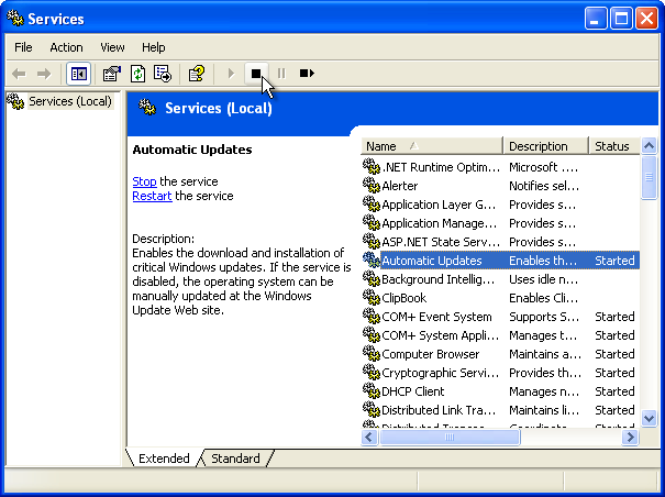 Clicking the “Stop” button with the “Automatic Updates” service selecte