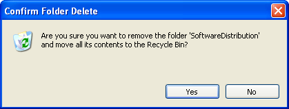 The “Confirm Folder Delete” dialog confirming deletion of the “SoftwareDistribution” folder