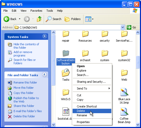 Clicking “Delete” in the context menu for the “SoftwareDistribution” folder