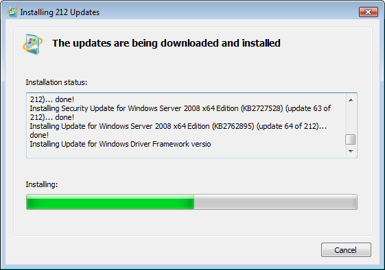 A dialog titled “Installing 212 Updates”. In the “Installation status” section, the last line appears as “Installing Update for Windows Driver Framework versio”; the text is truncated.