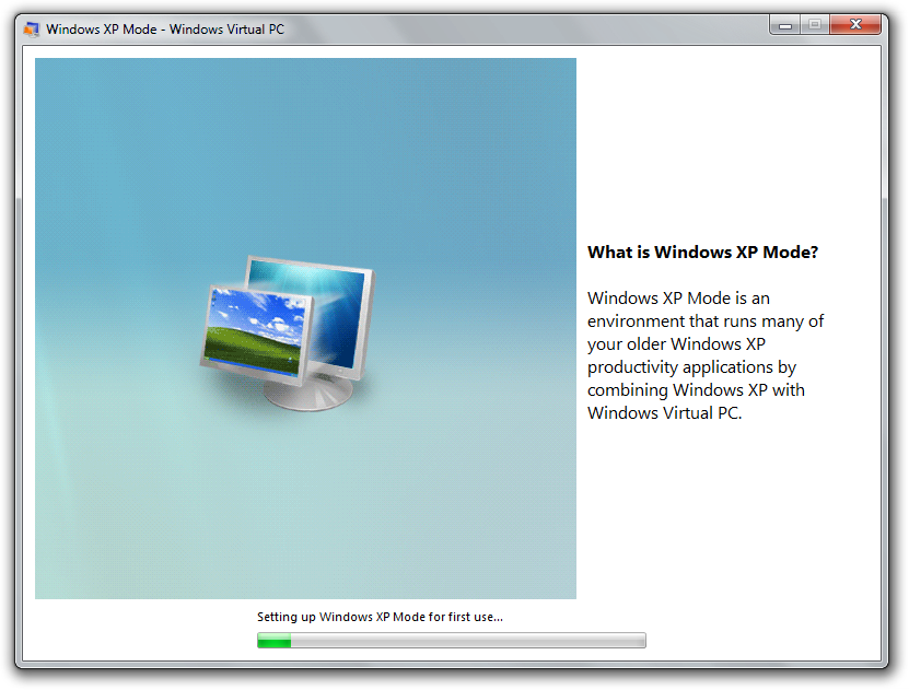 An installation window says “Setting up Windows XP Mode for first use…”