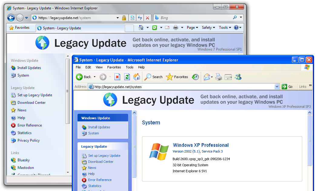 Legacy Update’s System page open on Windows 7 and Windows XP at the same time.