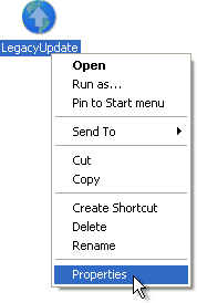 Context menu on LegacyUpdate.exe, with Properties highlighted.