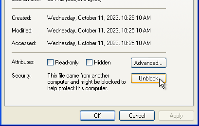 LegacyUpdate.exe Properties dialog, with the Unblock button highlighted.