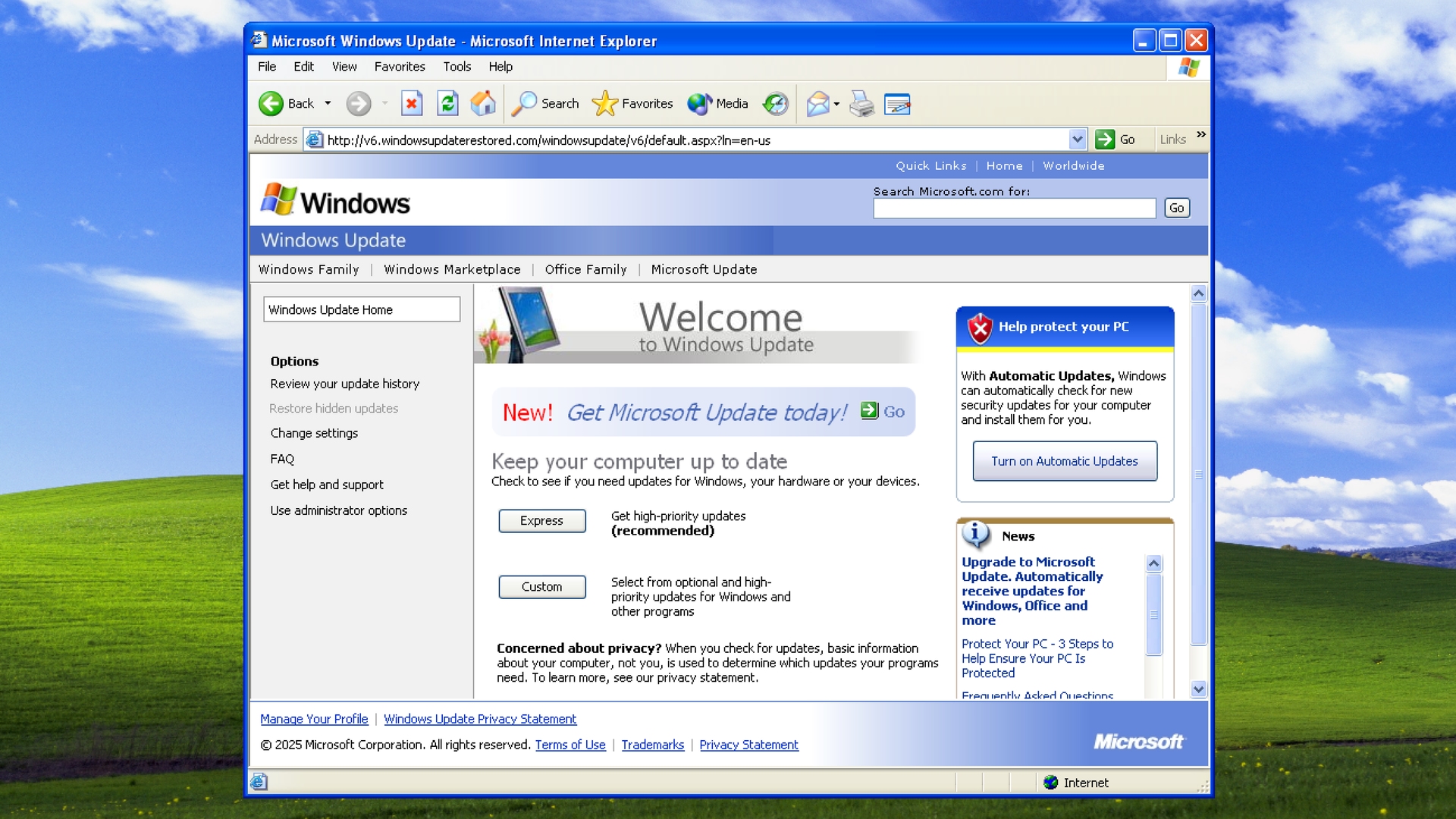 The Windows Update v6 website open to its homepage on Windows XP, as preserved by the Windows Update Restored project.