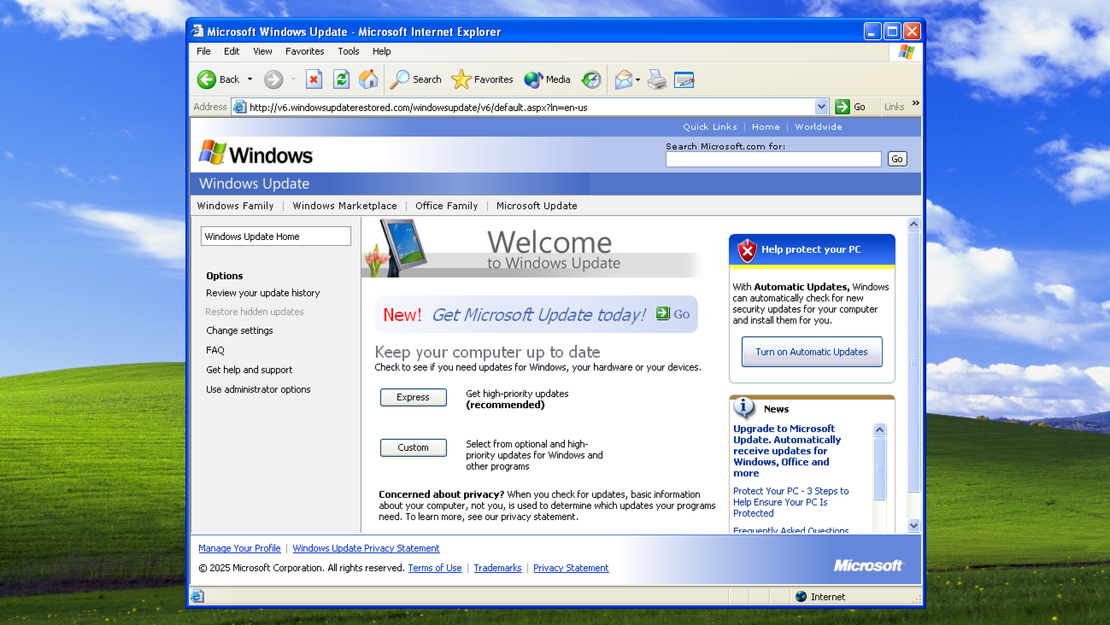 The Windows Update v6 website open to its homepage on Windows XP, as preserved by the Windows Update Restored project.