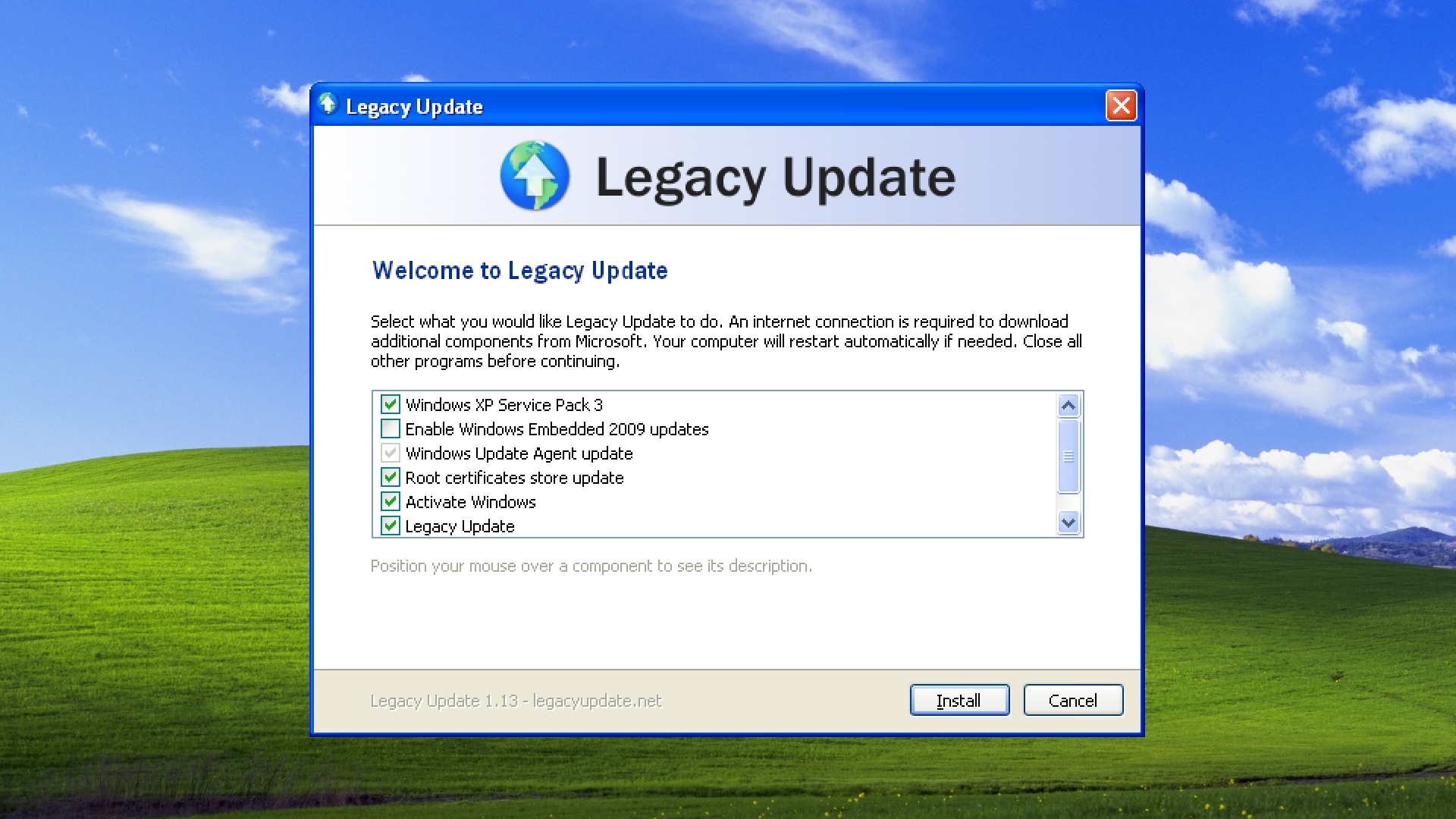 Legacy Update 1.13 setup initial page on Windows XP